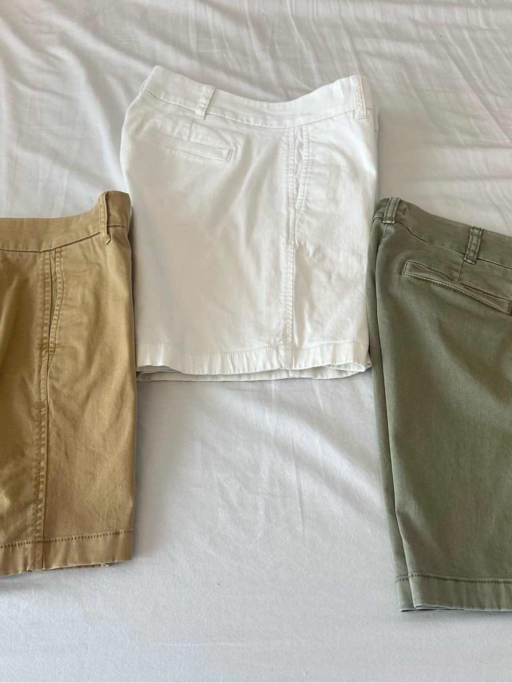 J. Crew Cotton 7 inch Chino Shorts Trio - White, Khaki, golden